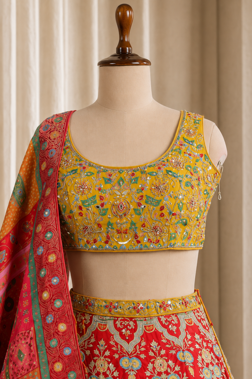 Yellow-red Traditional Lehenga With thread, mirror and sequins Work