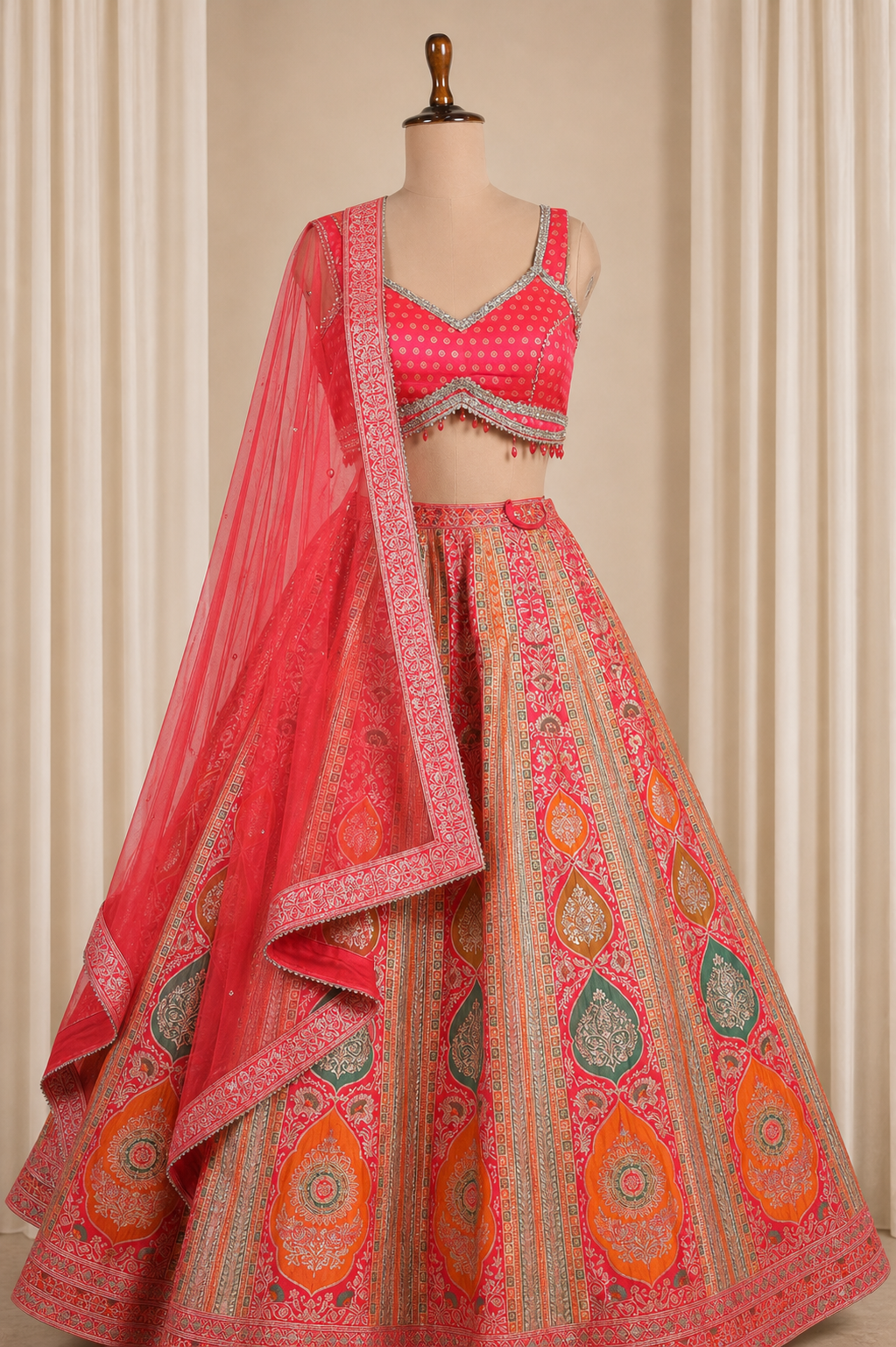 Elegant Orange-Pink Multicolored Lehenga With Complete weaving and sequins work