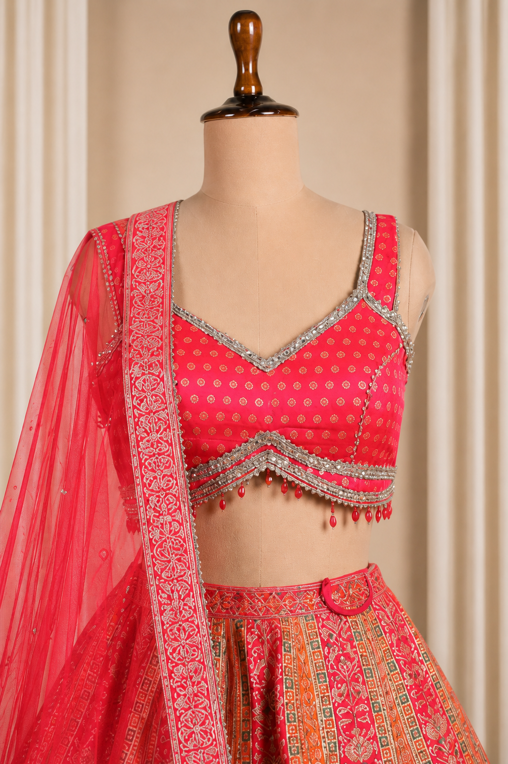 Elegant Orange-Pink Multicolored Lehenga With Complete weaving and sequins work
