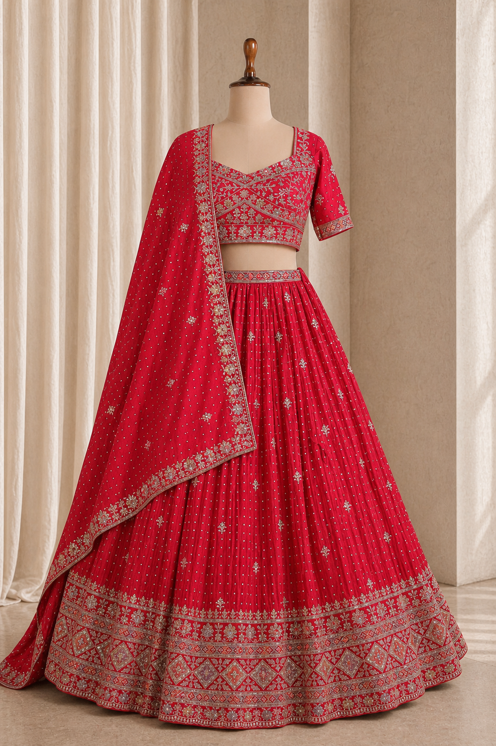 Festive Red Lehenga With Sequins And Zari Work