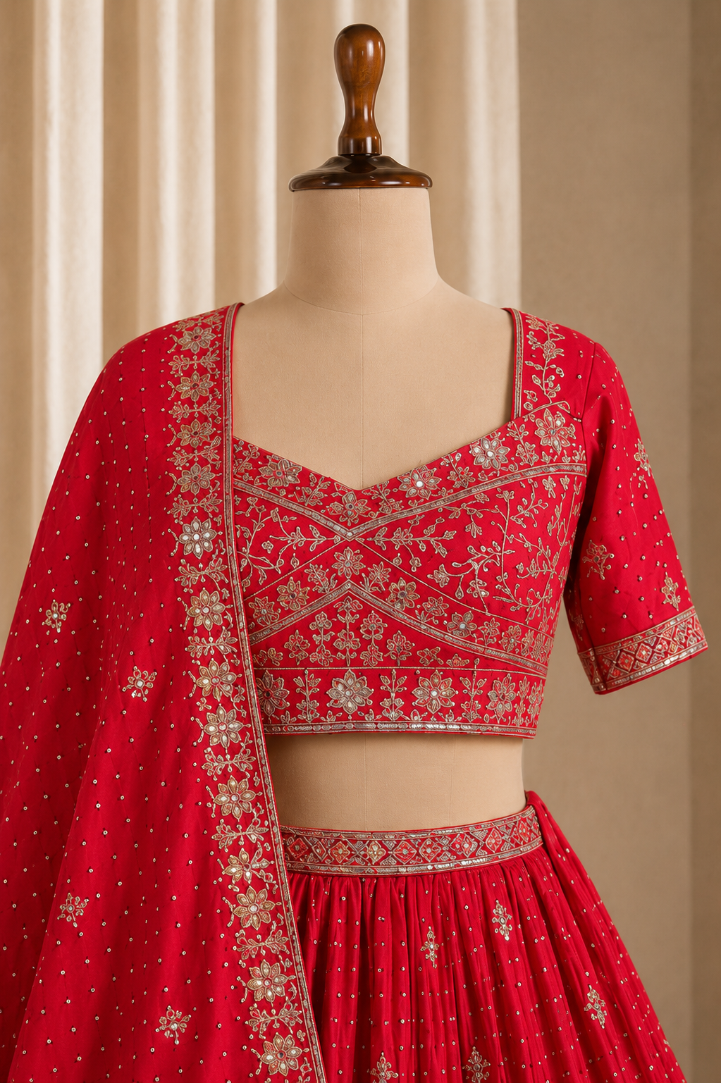 Festive Red Lehenga With Sequins And Zari Work