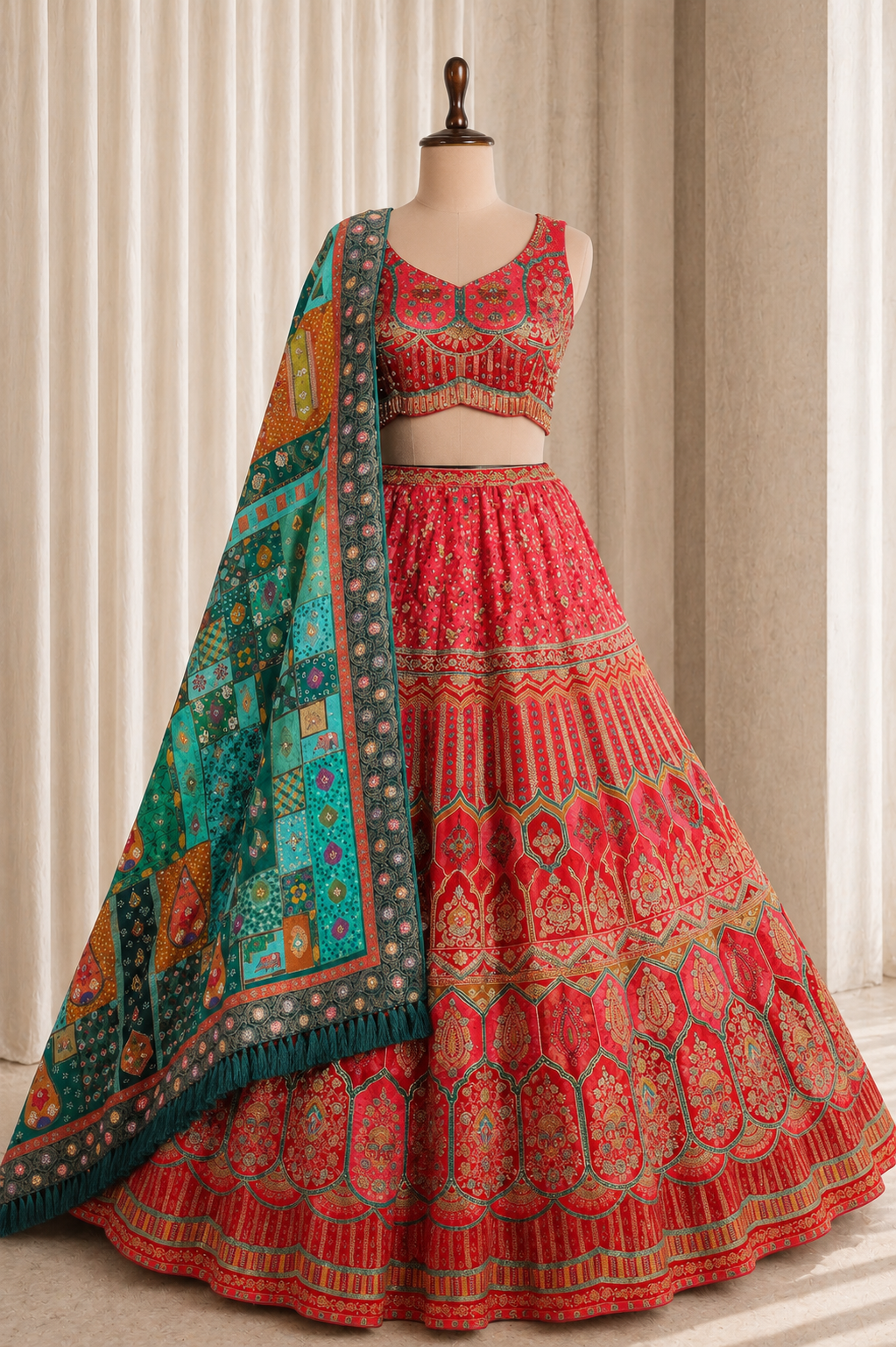 Designer Red-Rani Weaving Print Lehenga With Embellished Designer Work