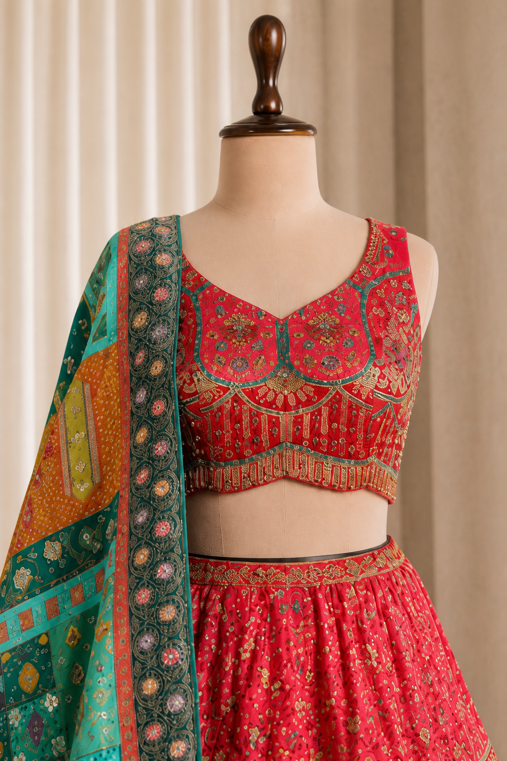 Designer Red-Rani Weaving Print Lehenga With Embellished Designer Work