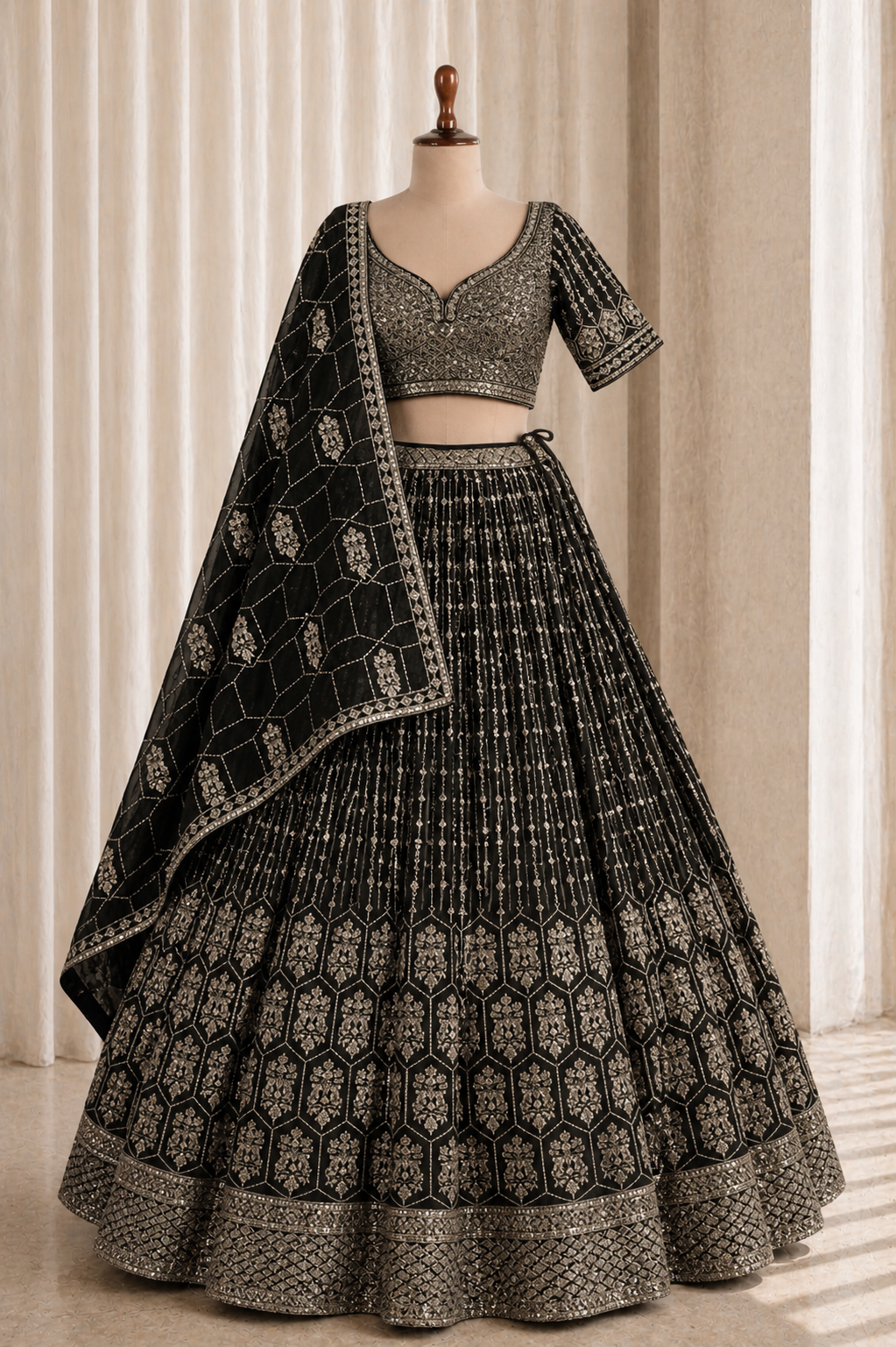 Sequined Georgette Lehenga in Green Color With Sequins work