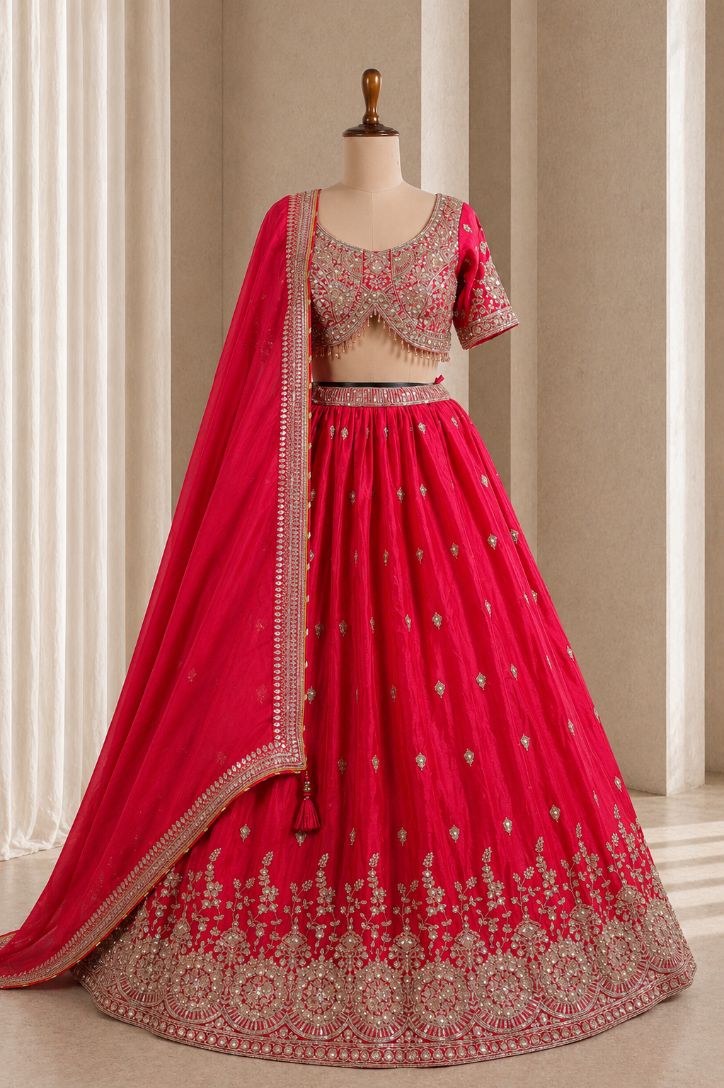 Elegant Bright Red Lehenga With Heavy Sequins, Zari And Cut Dana Work