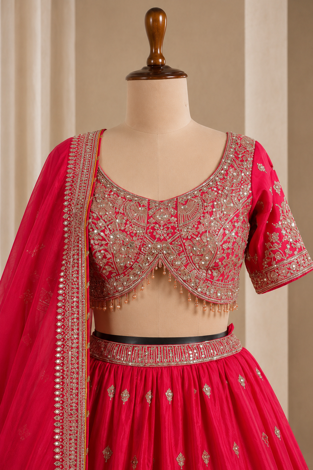 Elegant Bright Red Lehenga With Heavy Sequins, Zari And Cut Dana Work
