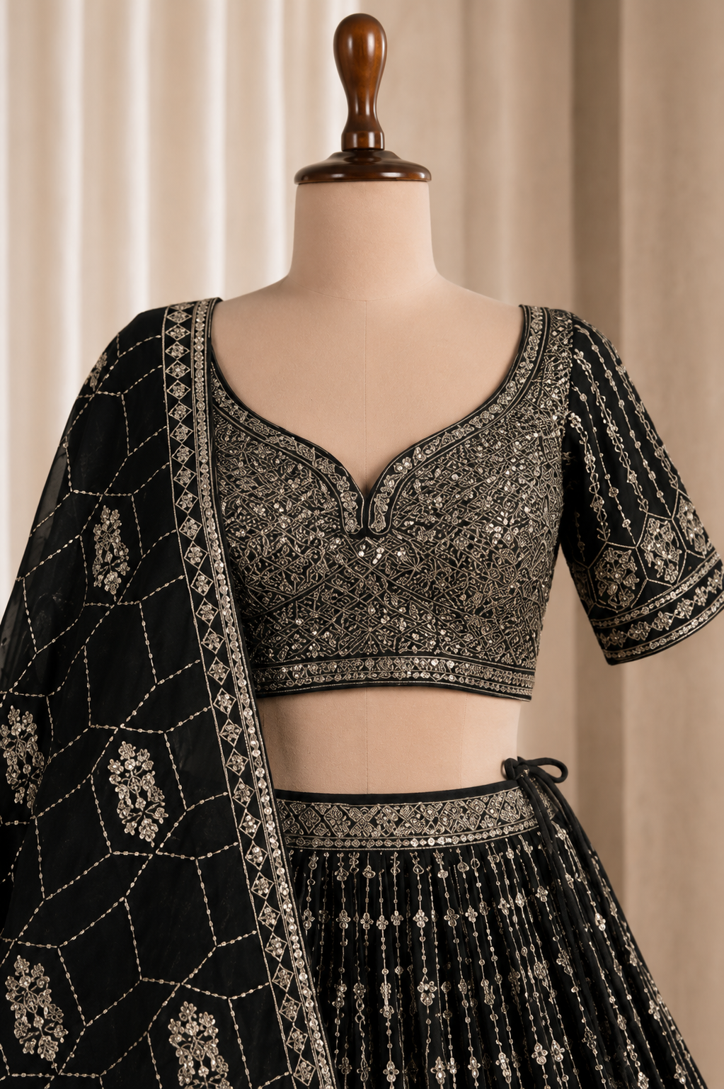 Sequined Georgette Lehenga in Green Color With Sequins work