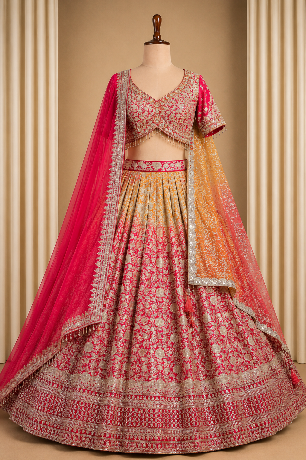 Gorgeous Rani-Orange Multicolored Lehenga With Weaving, Sequins And Cut Dana Work