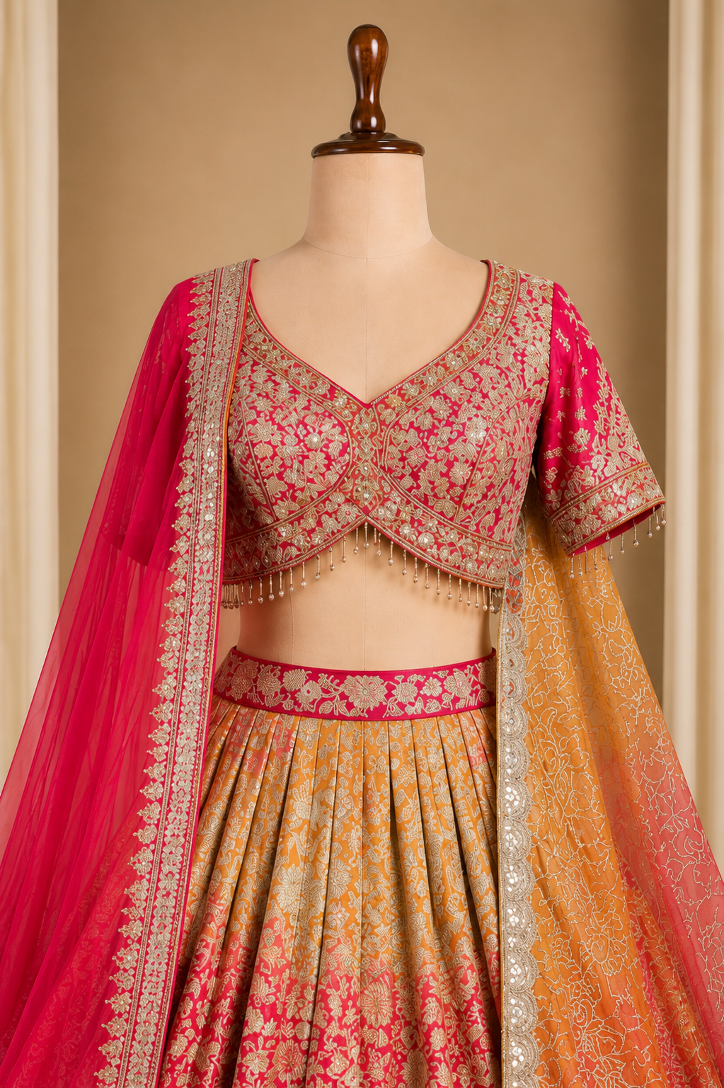 Gorgeous Rani-Orange Multicolored Lehenga With Weaving, Sequins And Cut Dana Work
