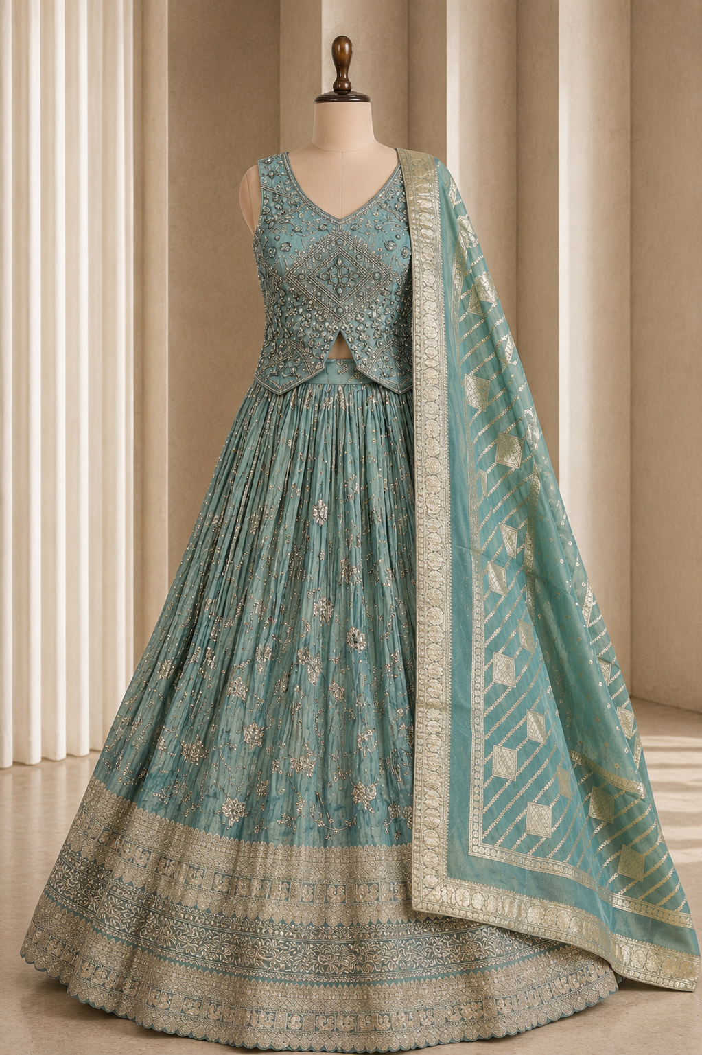 Light Aqua Long Blouse lehenga With Zari, Sequins And Mirror Work