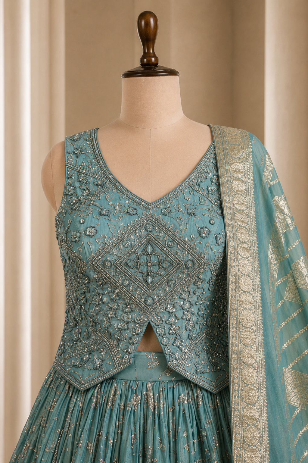 Light Aqua Long Blouse lehenga With Zari, Sequins And Mirror Work