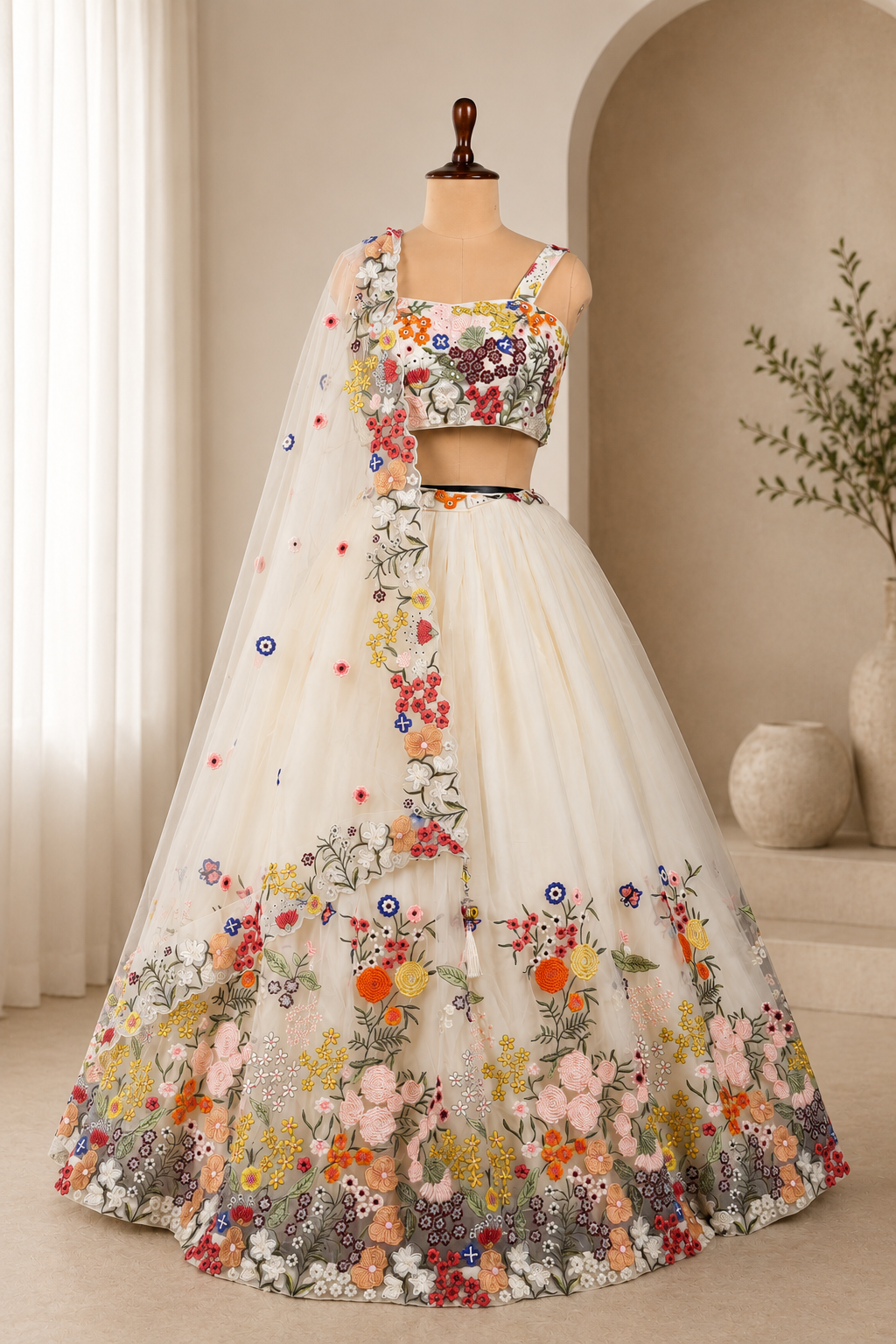 White- Multicolor Designer Replica Lehenga With Multicolored Designer Embroidery