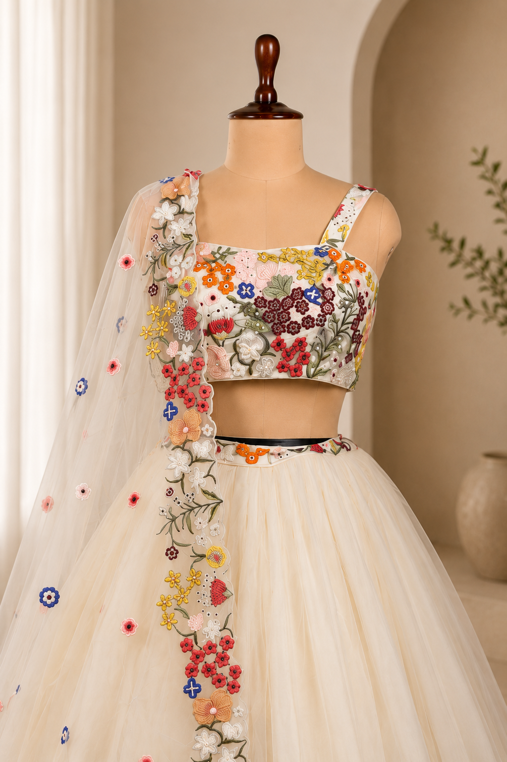 White- Multicolor Designer Replica Lehenga With Multicolored Designer Embroidery