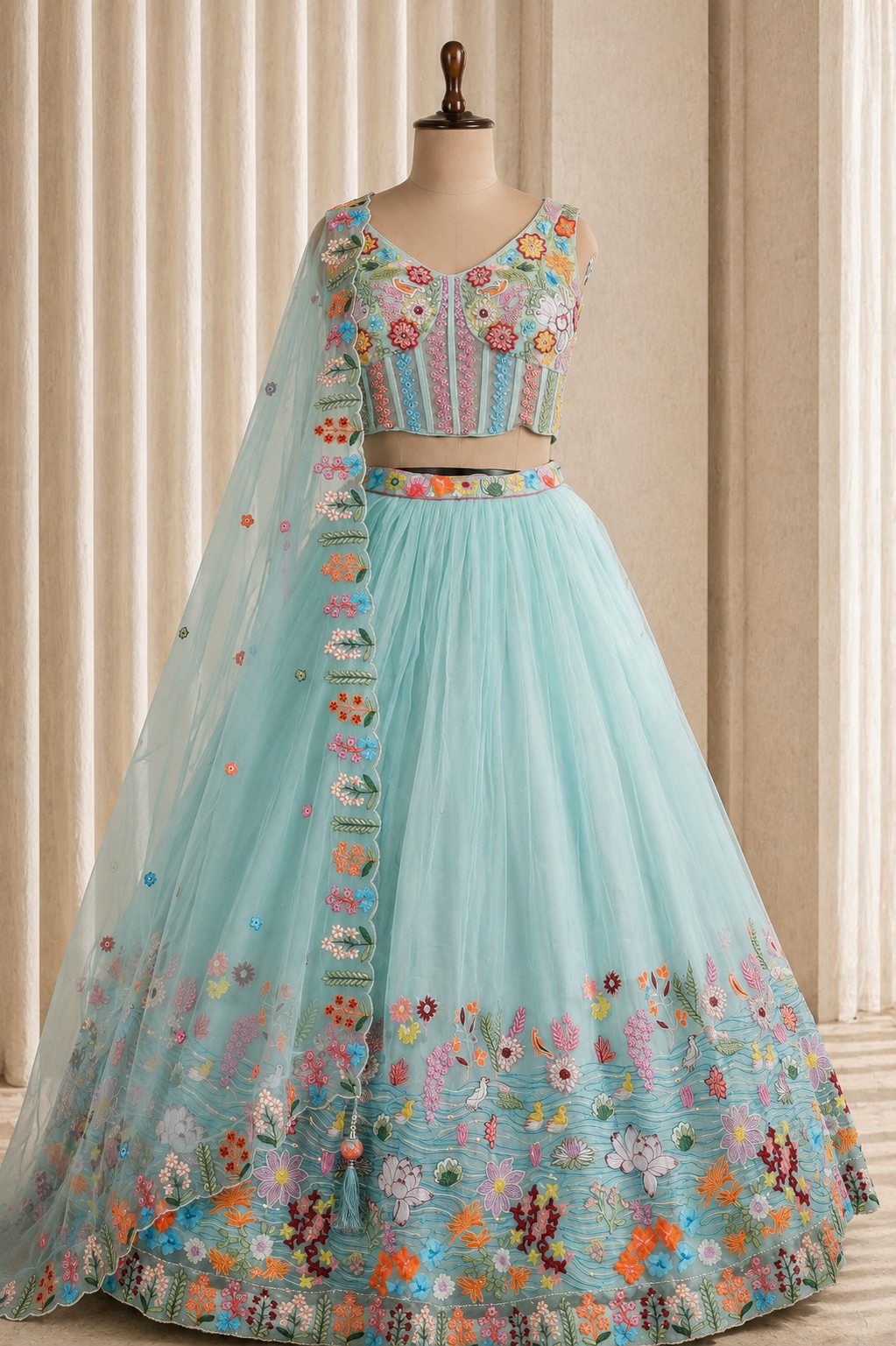 Stunning Sky Blue Corset Lehenga With Multicolored Thread And Diamond Work
