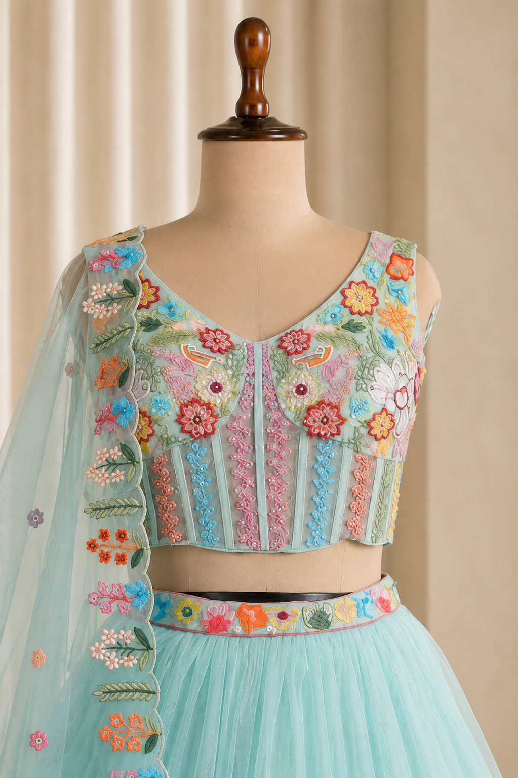 Stunning Sky Blue Corset Lehenga With Multicolored Thread And Diamond Work