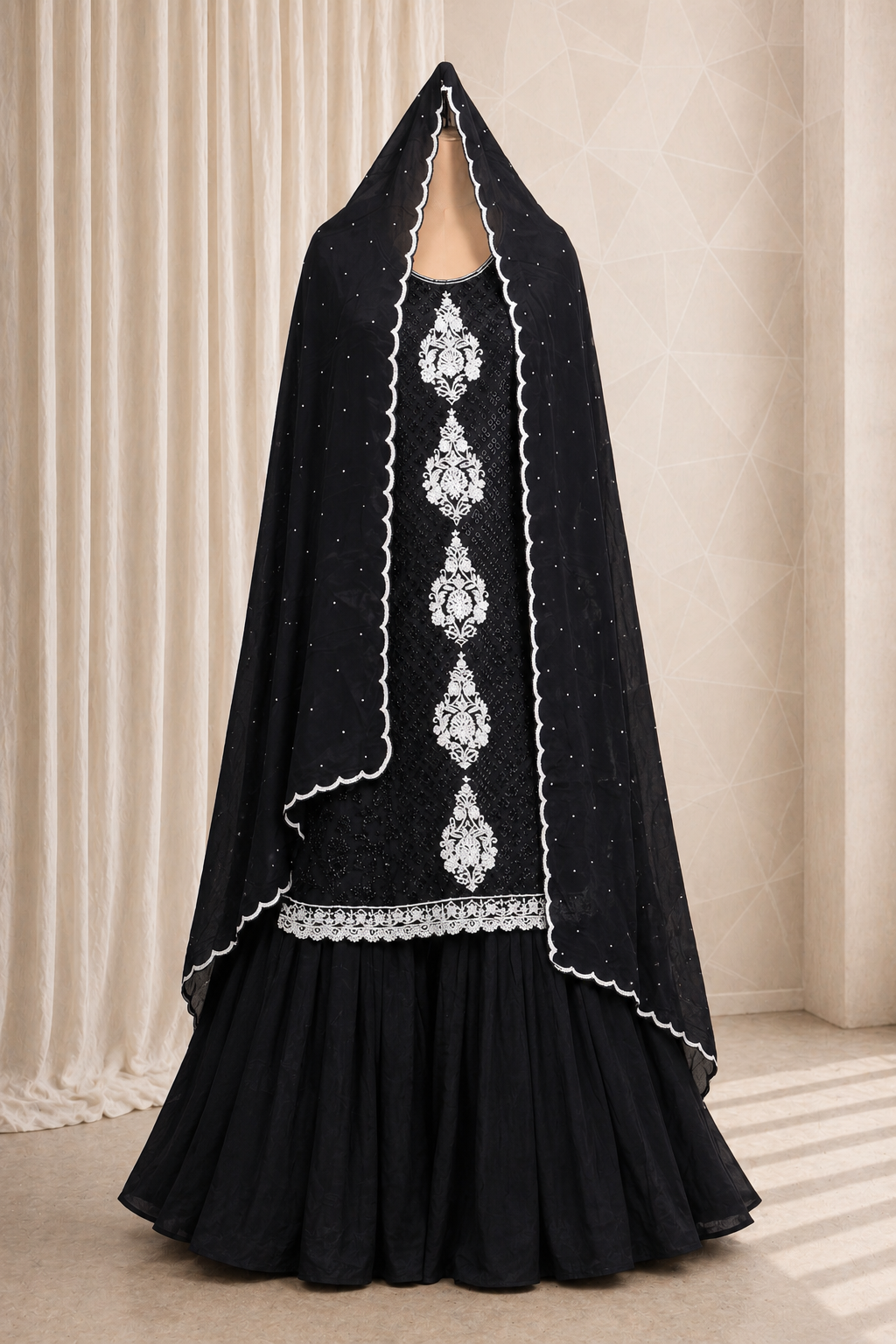 Black And White Embroidered Long Kurti Palazzo Suit