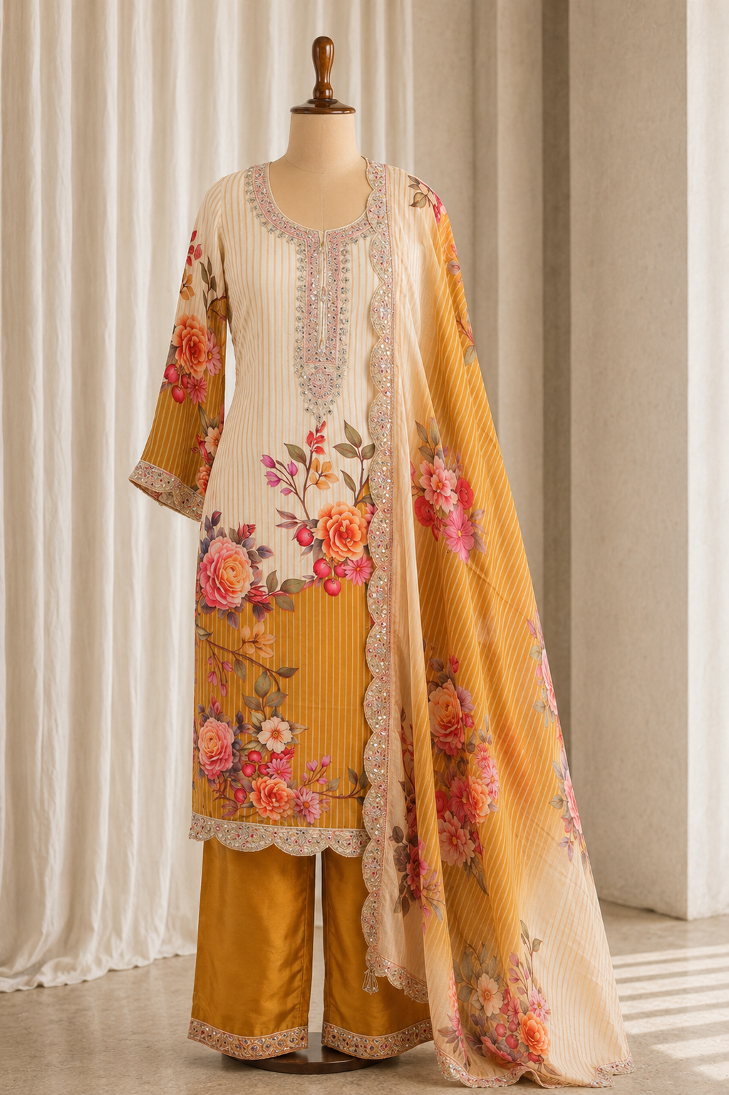 Gorgeous Mustard-Beige Long Kurti and Straight Pants Salwar Suit