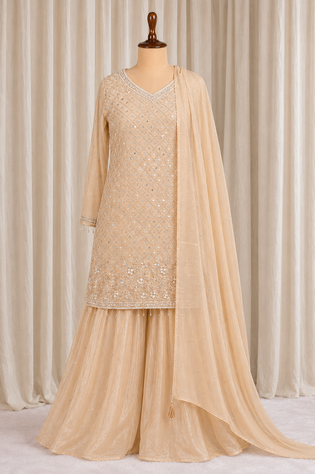 Modest Beige Colored Palazzo Suit With Elegant Kurti