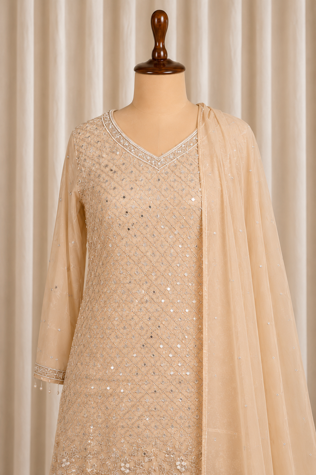 Modest Beige Colored Palazzo Suit With Elegant Kurti
