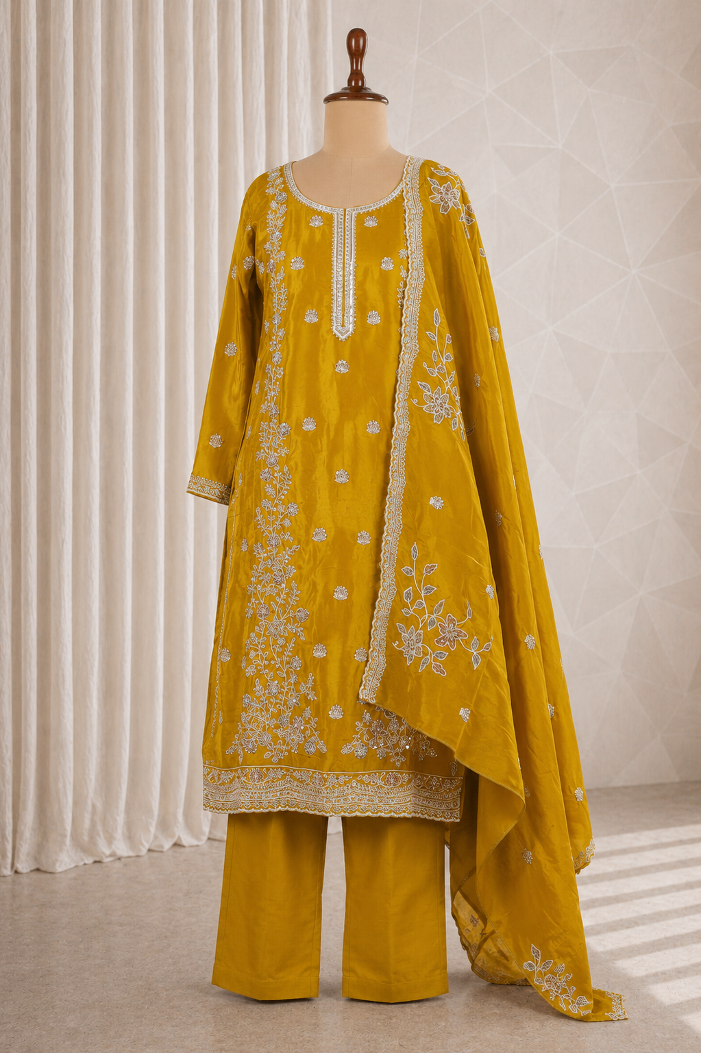Embroidered Straight Cut Suit In Mustard Color