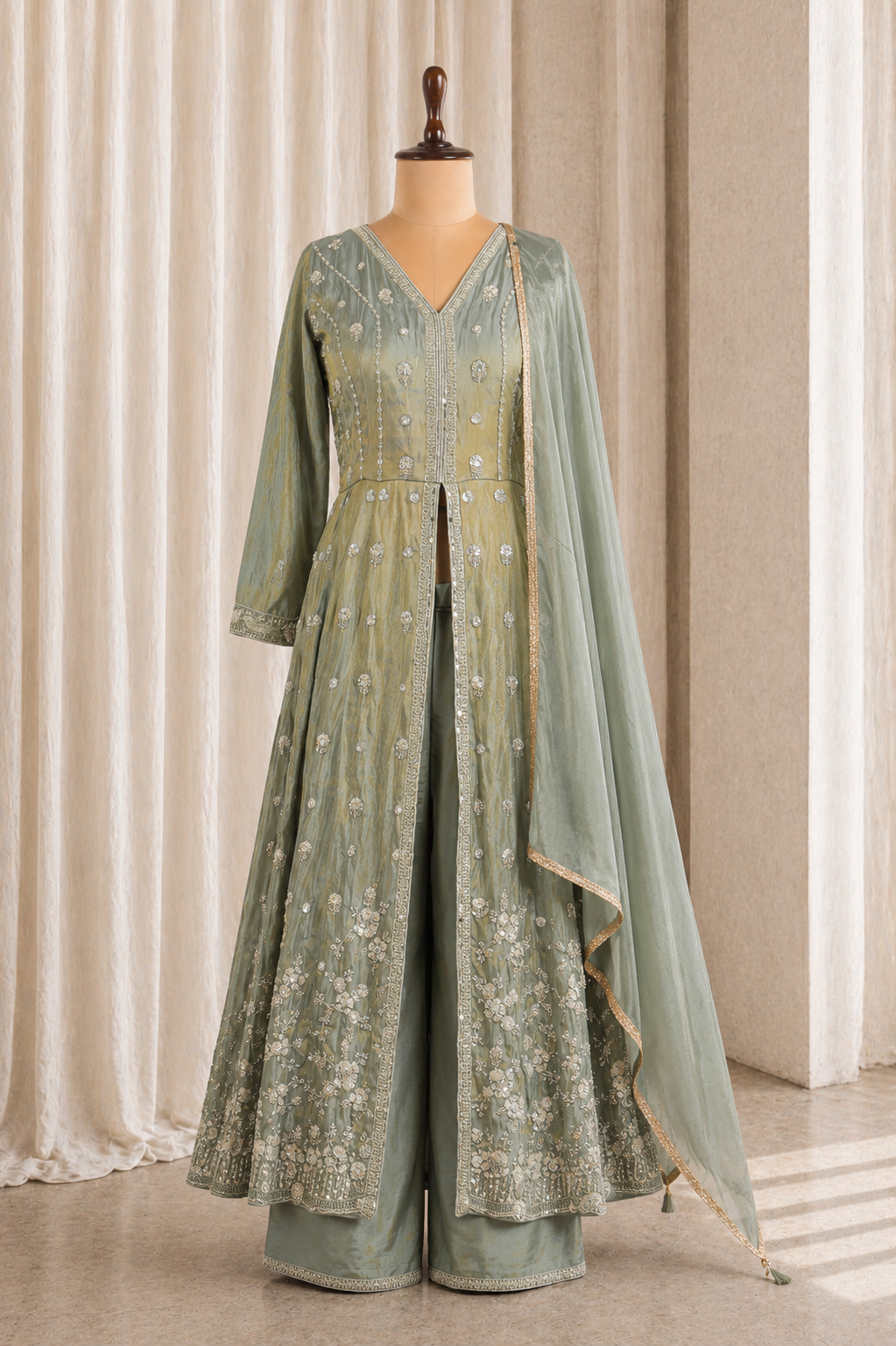 Stunning Aqua Green Centre Cut Salwar Suit With Straight Pants