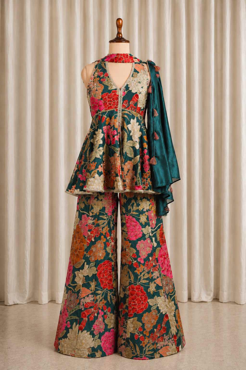 Stunning Bottle-Green Multicolored Paplom With Palazzo Pants