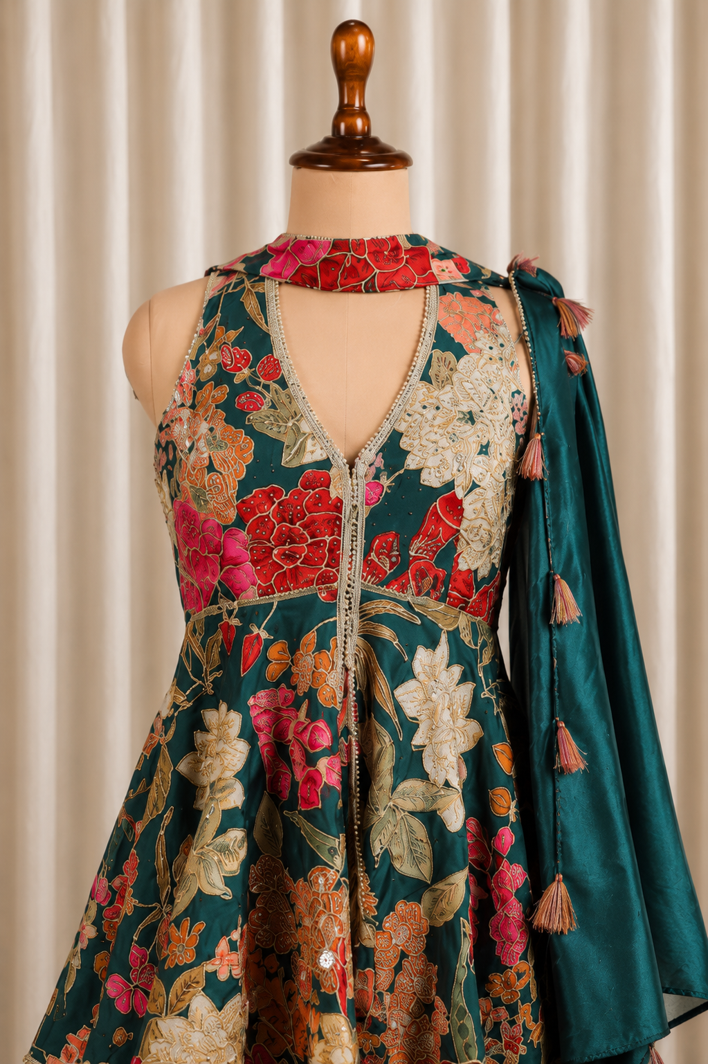 Stunning Bottle-Green Multicolored Paplom With Palazzo Pants