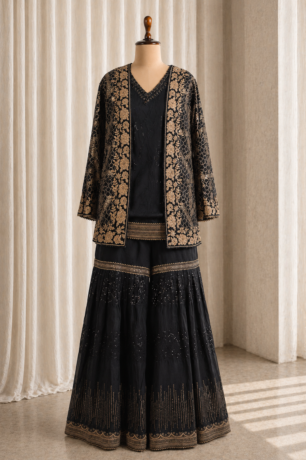 Fun Black And Gold Jacket Style Gharara Suit