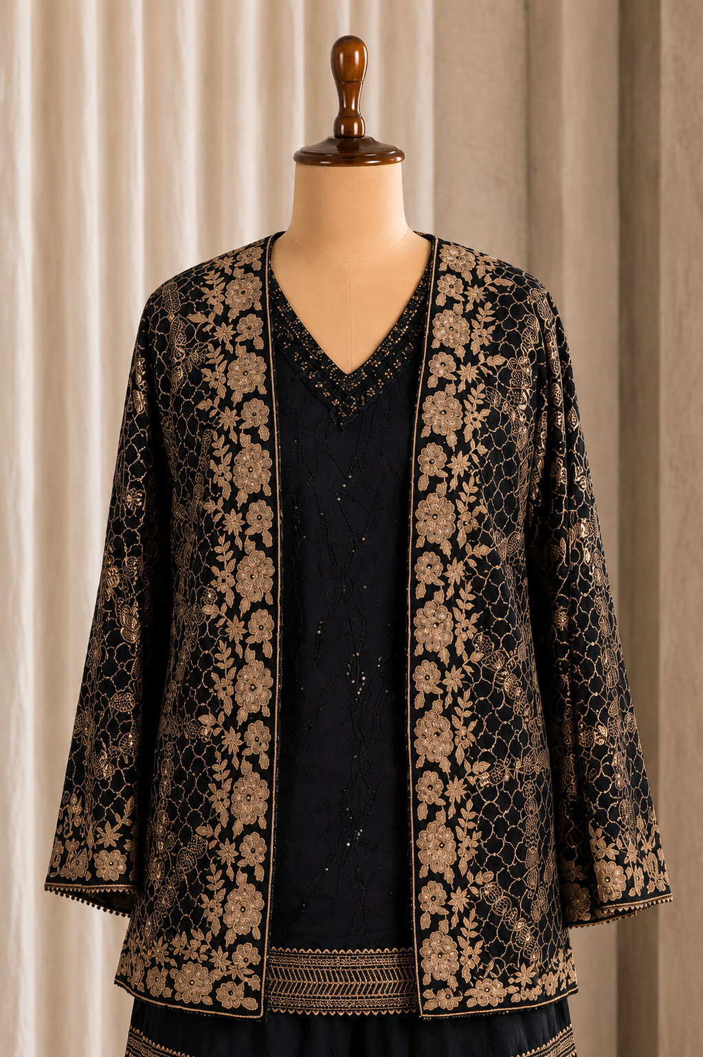 Fun Black And Gold Jacket Style Gharara Suit
