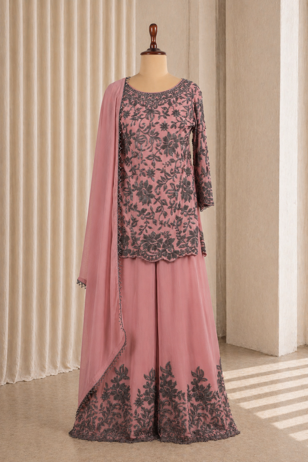 Attractive Light Pink Cut Work Kurti-Palazzo Suit