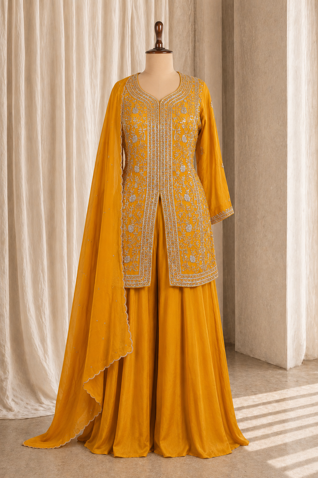 Beautiful Mustard Centre Cut Kurti-Palazzo Suit