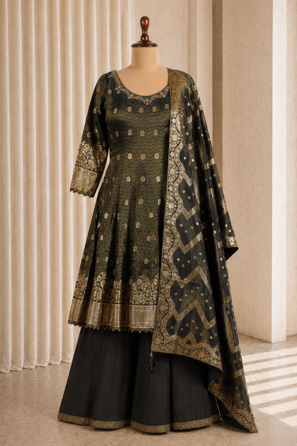 Incredible Mehendi Green Anarkal Style Kurti With Palazzo Suit
