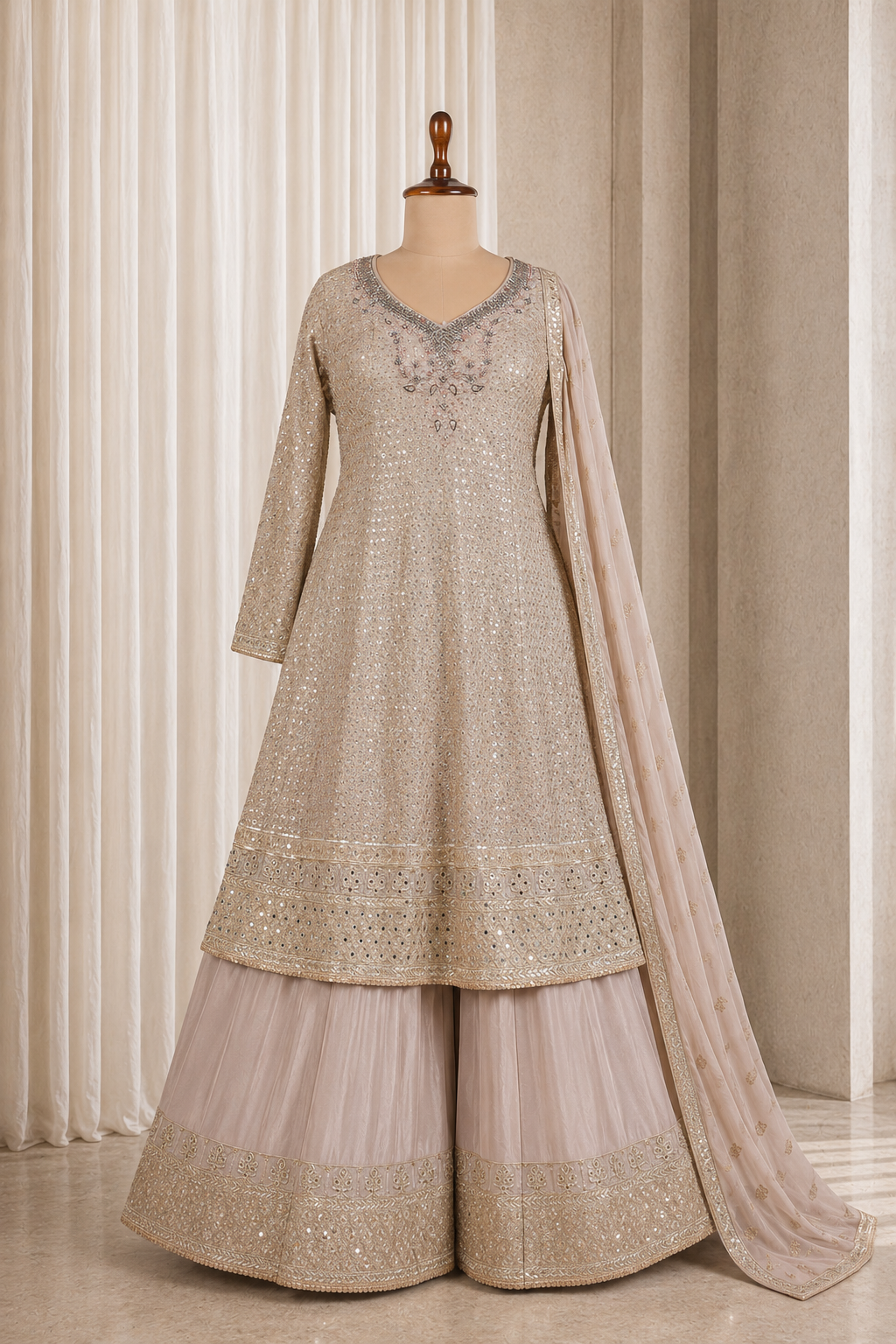 Modest Beige Long Kurti Style Palazzo Suit