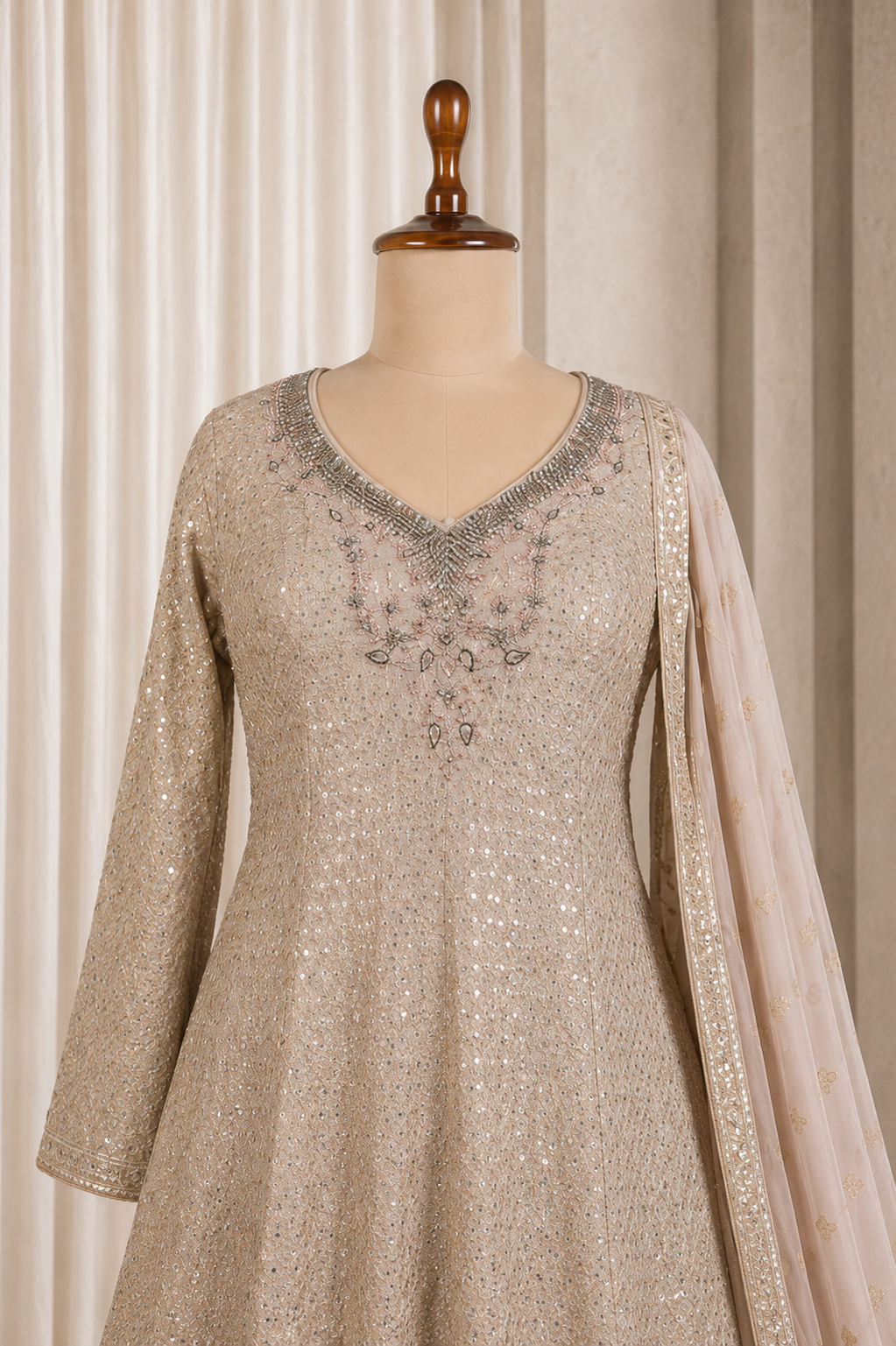 Modest Beige Long Kurti Style Palazzo Suit