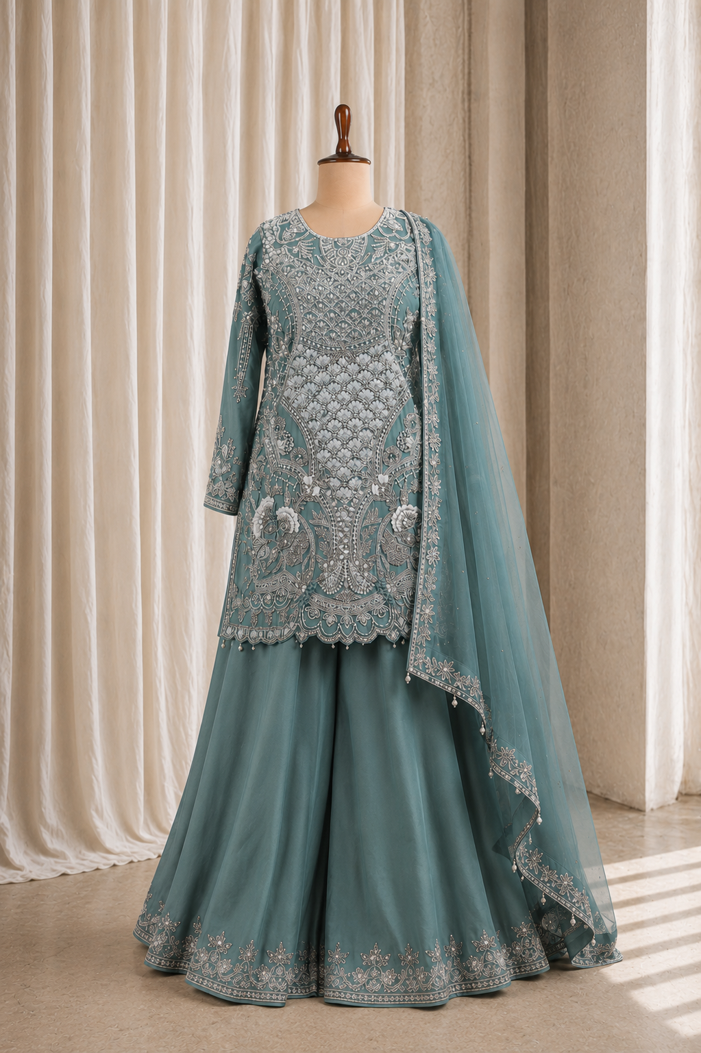 Incredible Aqua Cut Work Kurti With Palazzo Pants