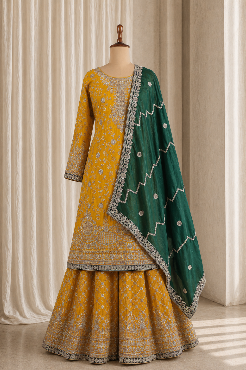 Attractive Yellow Kurti Style Palazzo Suit With Contrast Dupatta