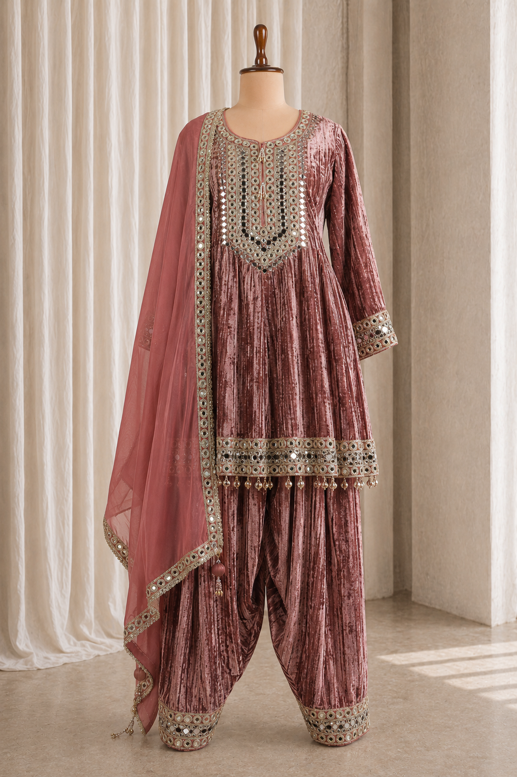 Sufi Style Rose Gold Paplom Palazzo Suit On Velvet