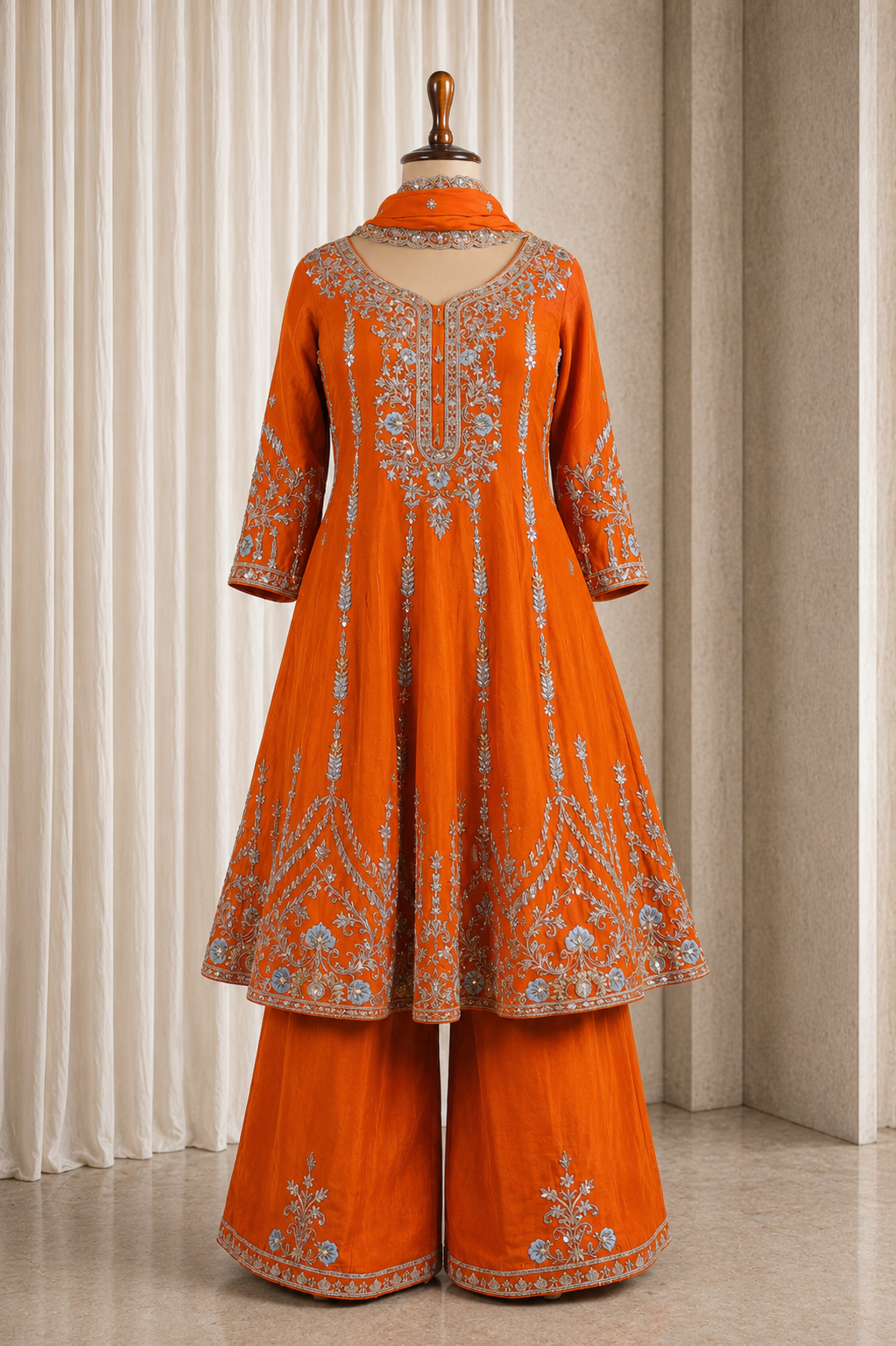 Bright orange Flared Kurta-Palazzo Suit