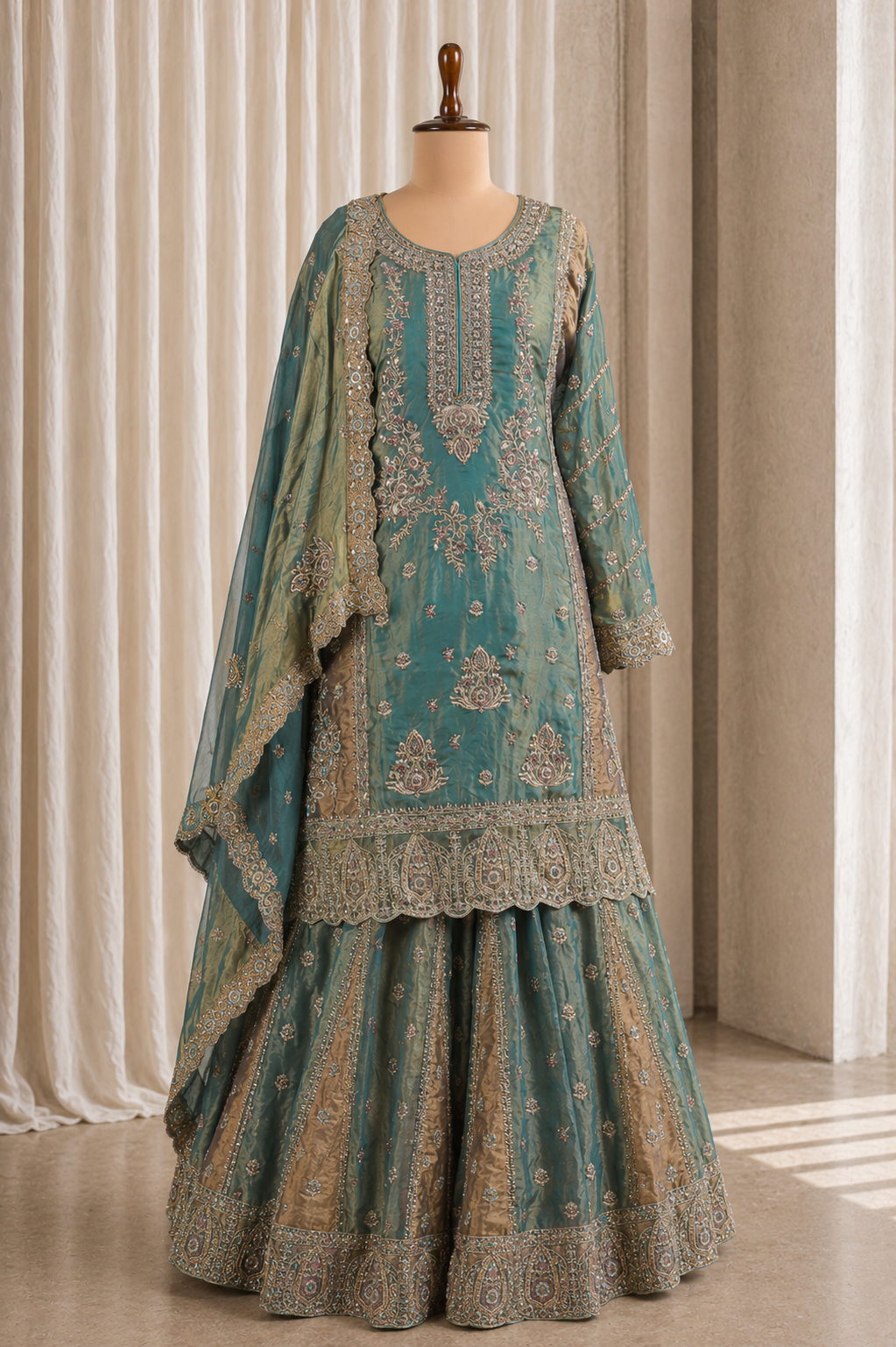 Aqua Color Cut Work Kurti With Palazzo Suit
