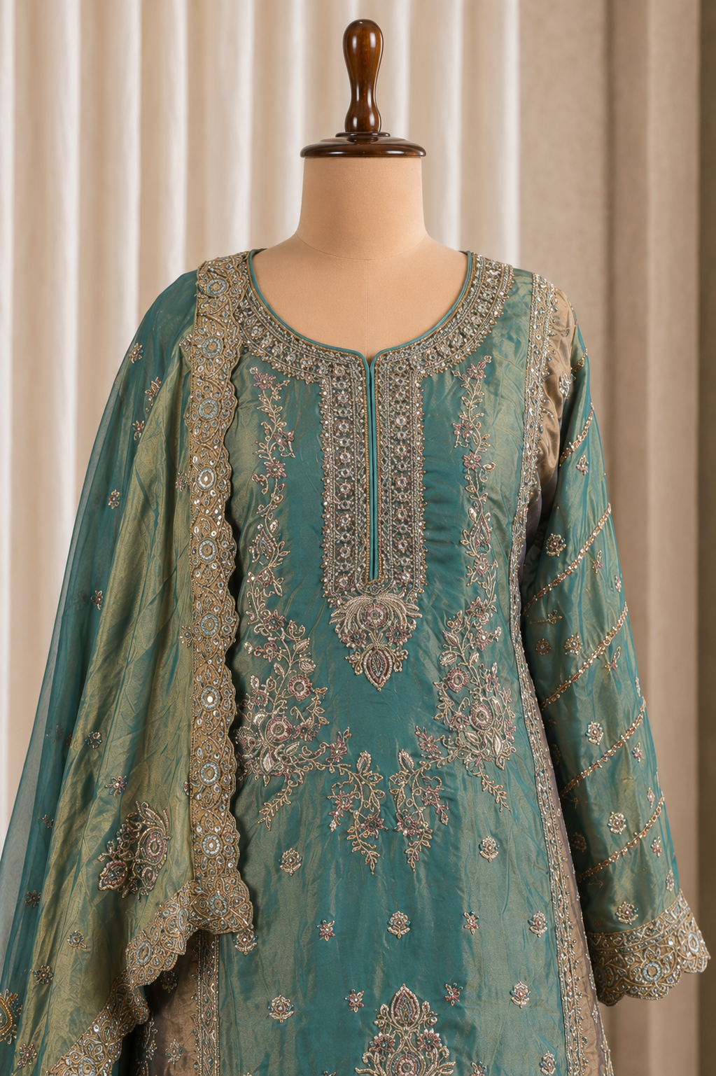 Aqua Color Cut Work Kurti With Palazzo Suit