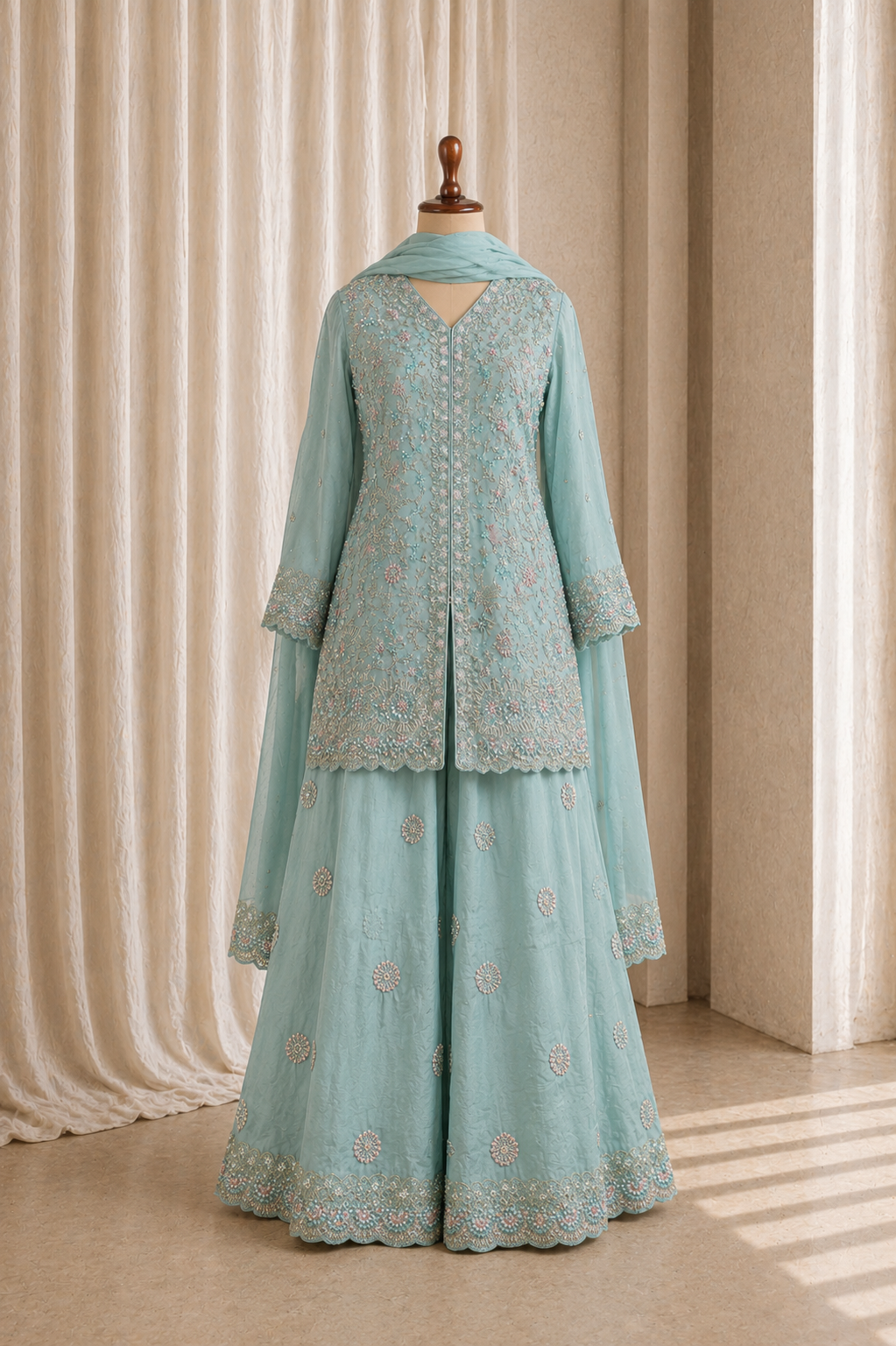 Sky Blue Cut Work Centre Cut Kurti-palazzo Suit