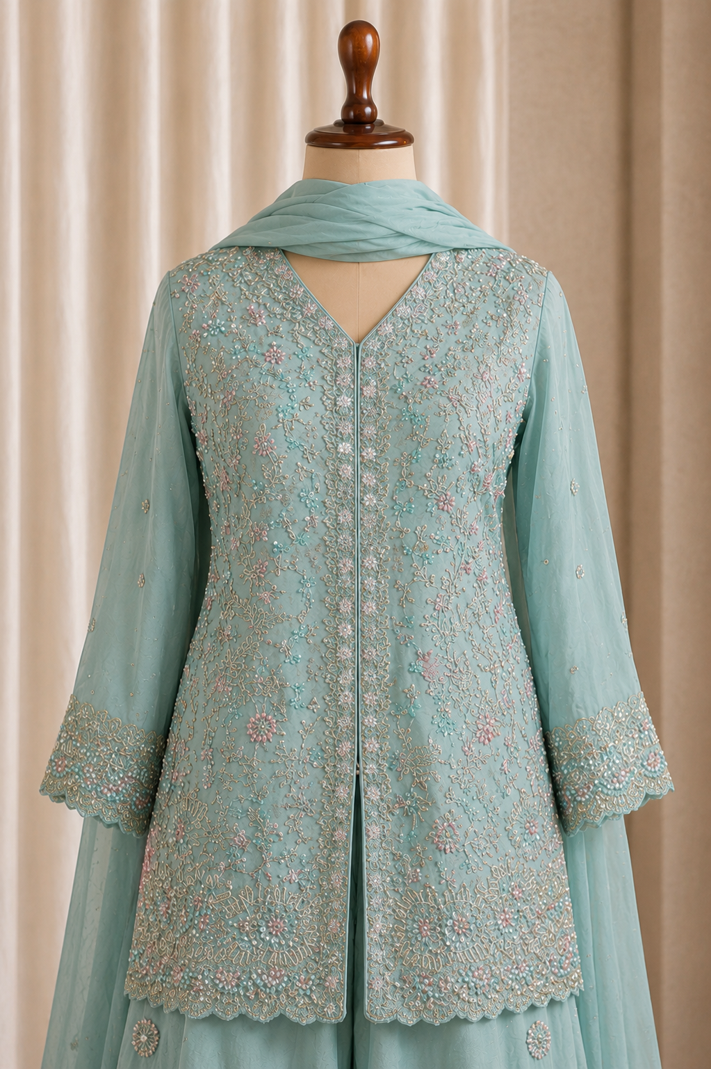 Sky Blue Cut Work Centre Cut Kurti-palazzo Suit