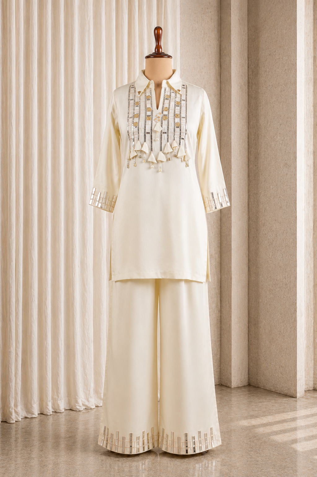 Modest Ivory Coord-Set Styled Straight Pant Suit