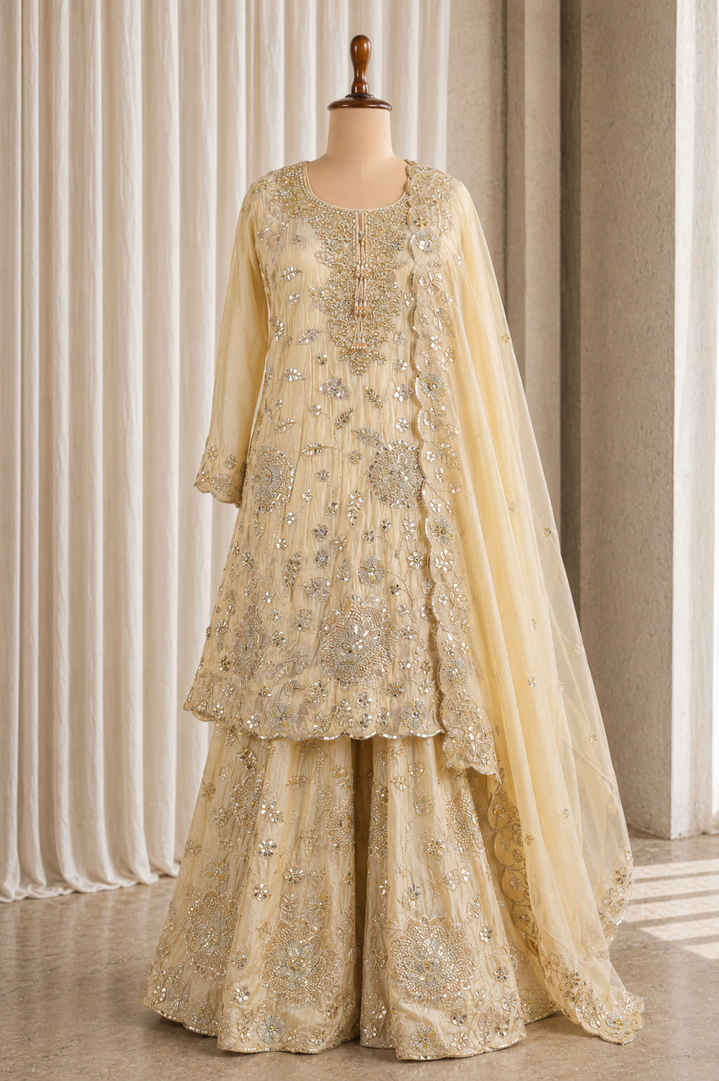 Royal Cut Work Beige Heavy Kurti-Palazzo Suit