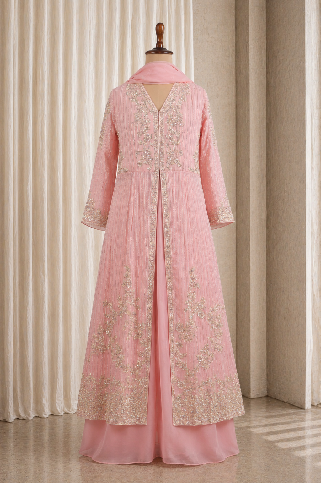 Elegant Baby Pink Long Centre Cut Kurti Style Palazzo-Suit