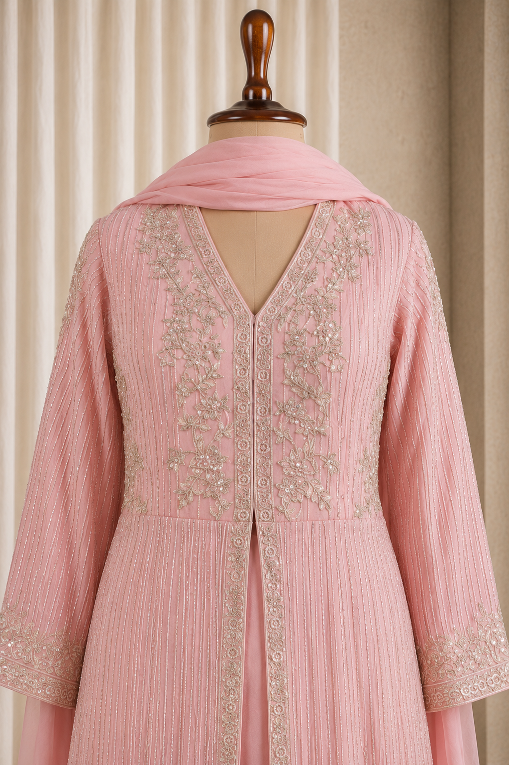 Elegant Baby Pink Long Centre Cut Kurti Style Palazzo-Suit