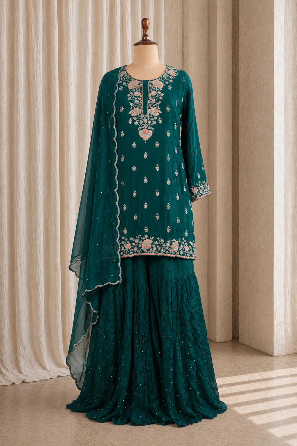 Stunning Bottle Green Kurti With Gharara Pants Suit