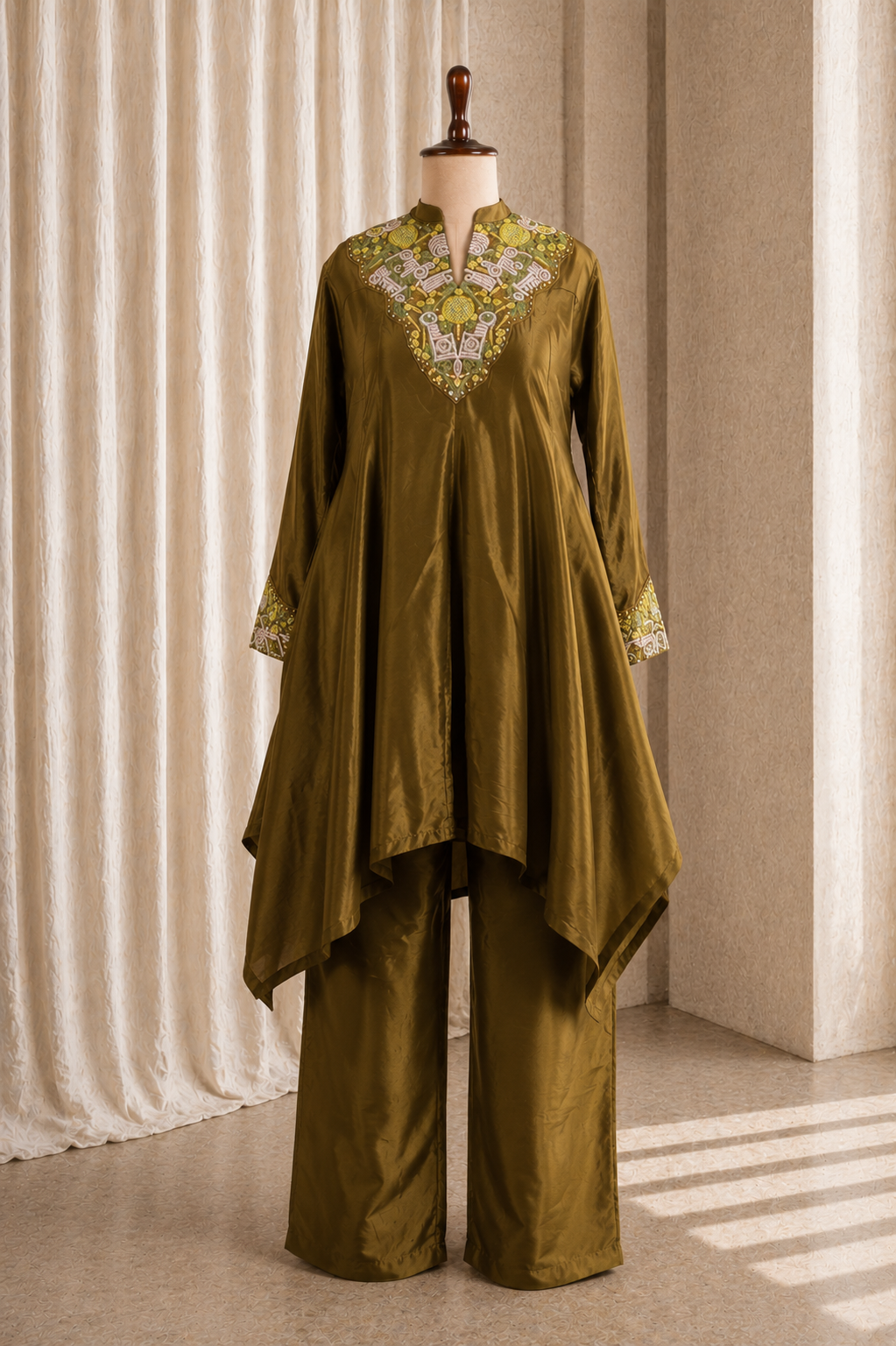 Fancy Mehendi Green Flared Top With Straight Pant Suit