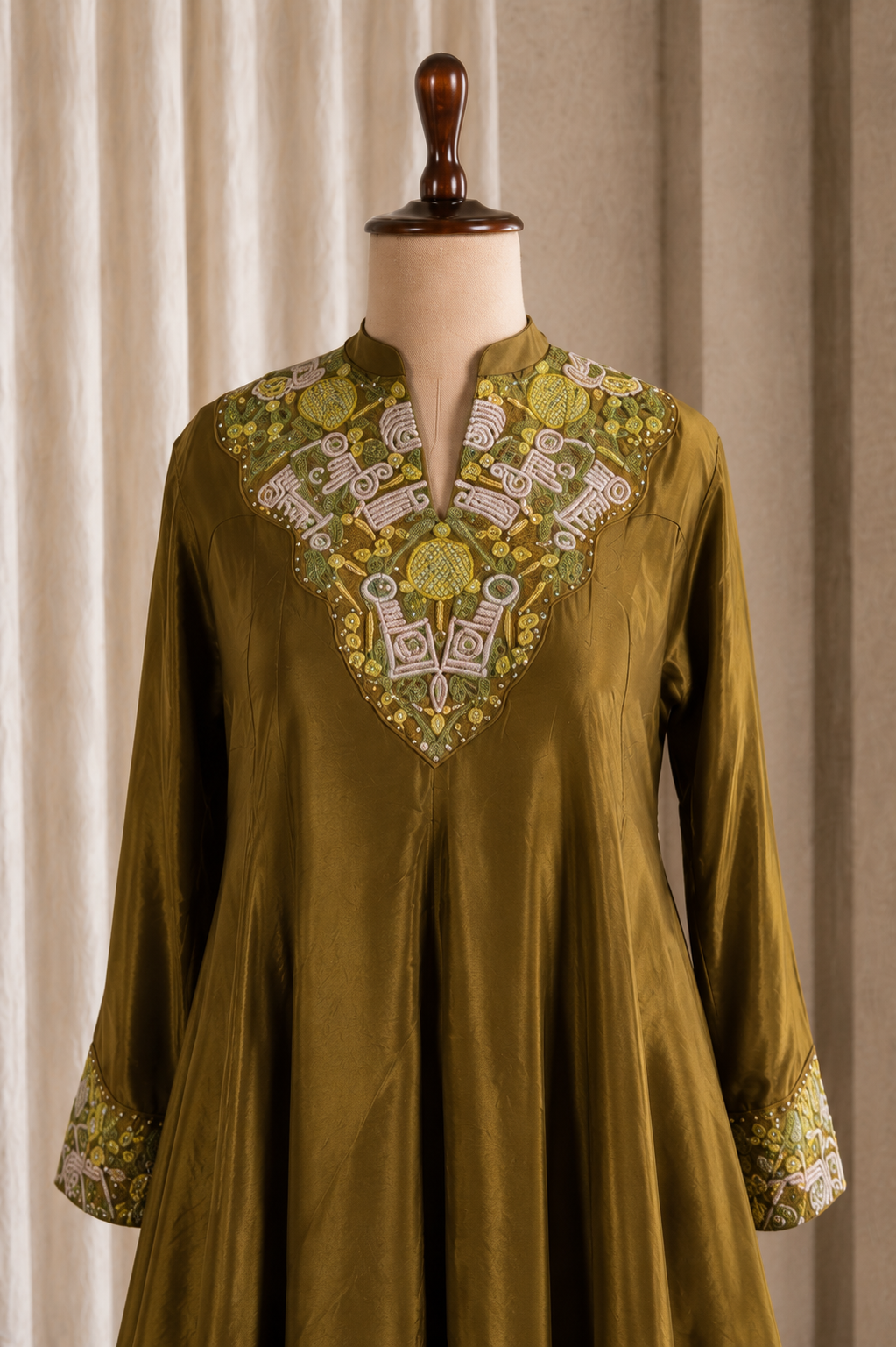 Fancy Mehendi Green Flared Top With Straight Pant Suit