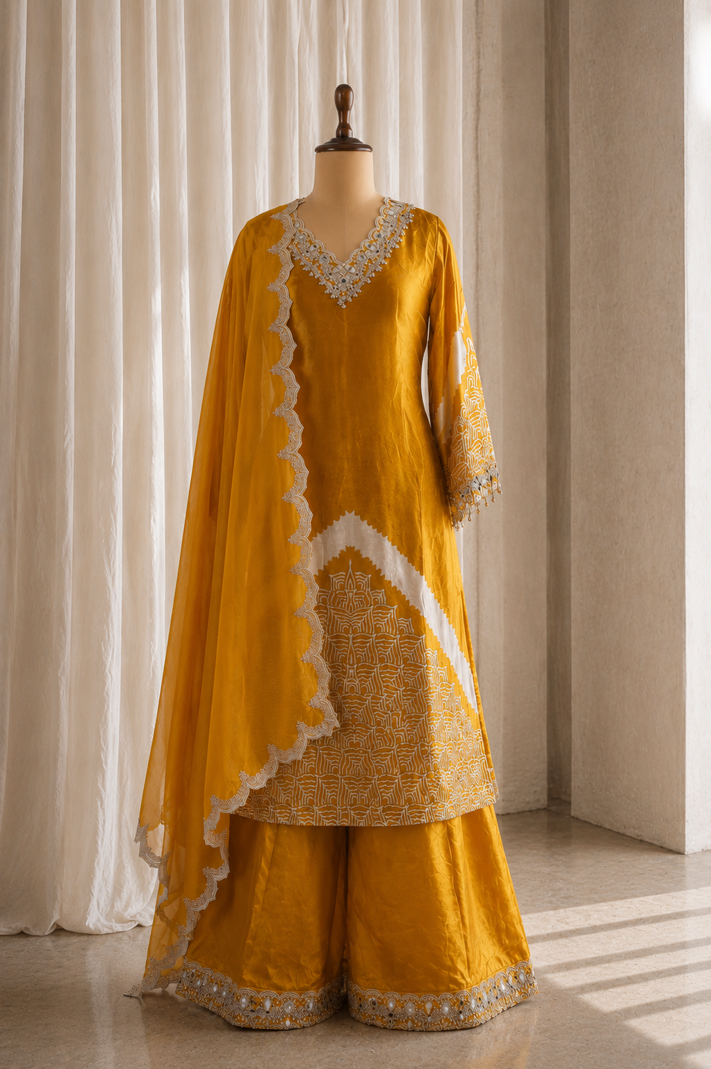 Charming Mustard-Yellow Kurti Styled Palazzo Suit On Satin